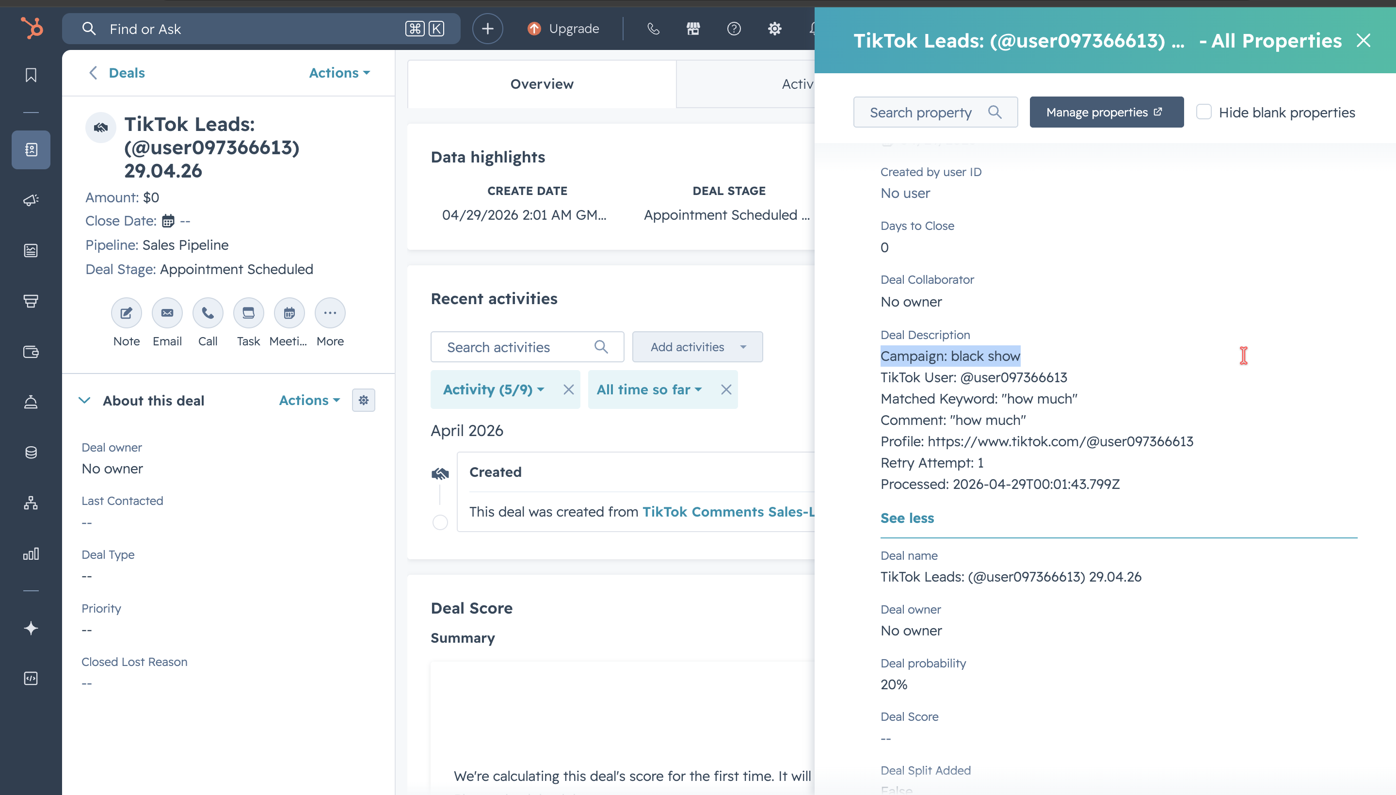 Complete lead info